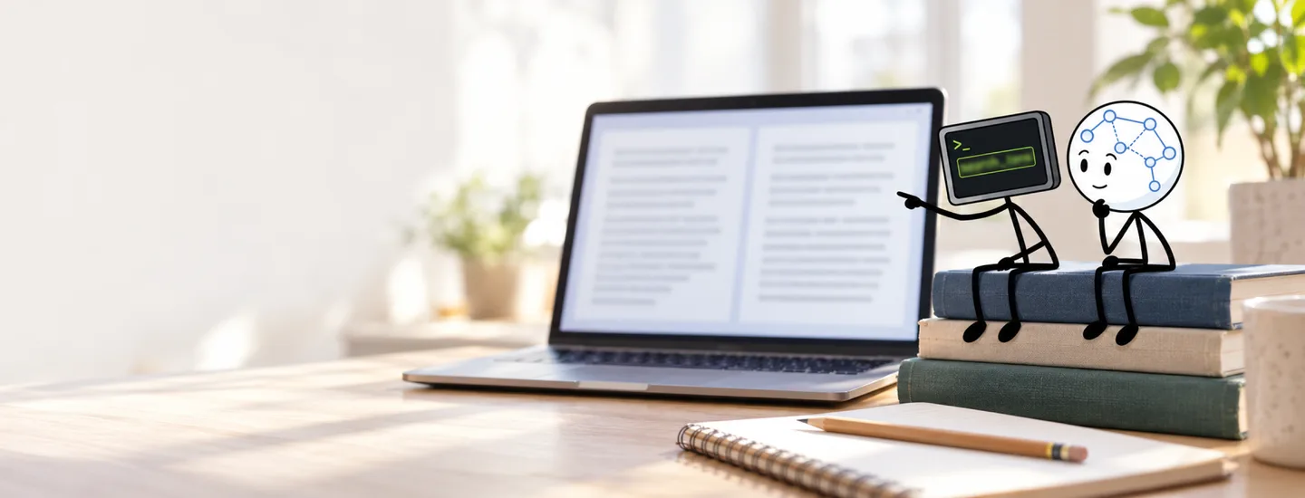 Grep and Grok sitting on a stack of books, comparing two texts side by side on a laptop