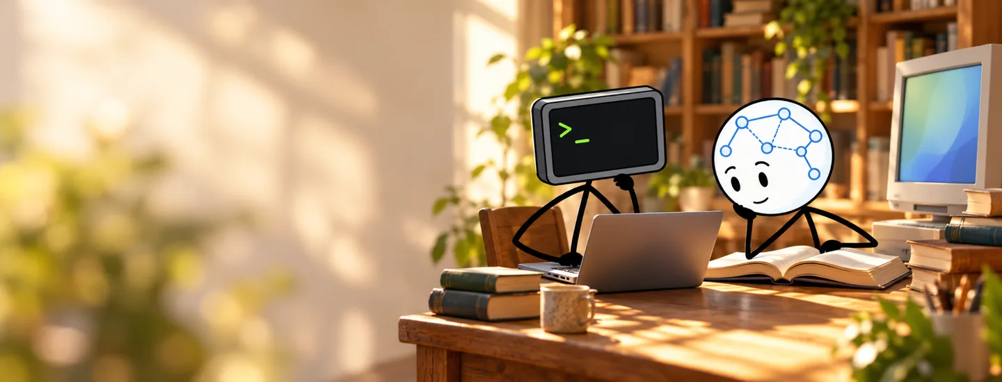 Grep and Grok at a sunlit wooden desk with a laptop, an open book and bookshelves behind them